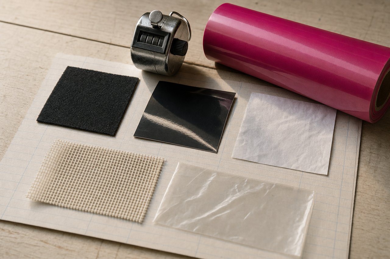 Verschnittstücke von fünf Druckfolien (Flock, Flex, Sublimationspapier, Siebdruckgewebe und Transferbogen) im Raster auf liniertem Papier, daneben ein mechanischer Zählwerkzähler