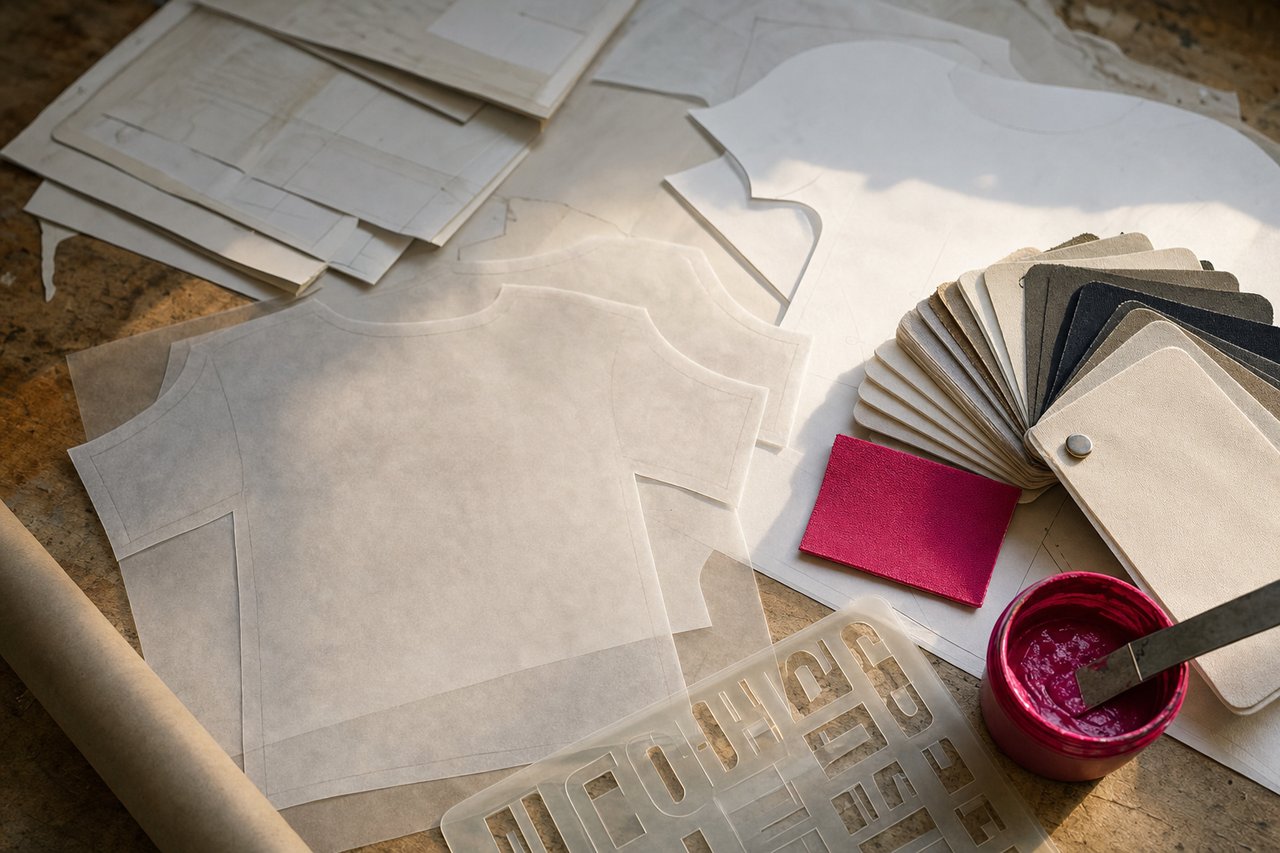 Werkbank zum Trikotentwurf mit Schnittvorlagen aus Transparentpapier, Stoffmusterkarten und einem Topf magentafarbener Siebdruckfarbe