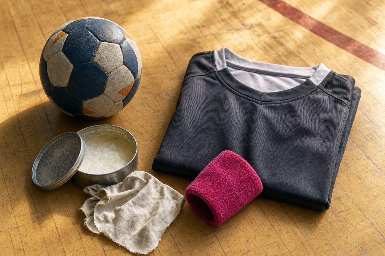 Handballausrüstung auf lackiertem Hallenboden: ein Handball, eine offene Harzdose mit Tuch, ein zusammengelegtes kurzärmeliges Trikot und ein magentafarbenes Schweißband