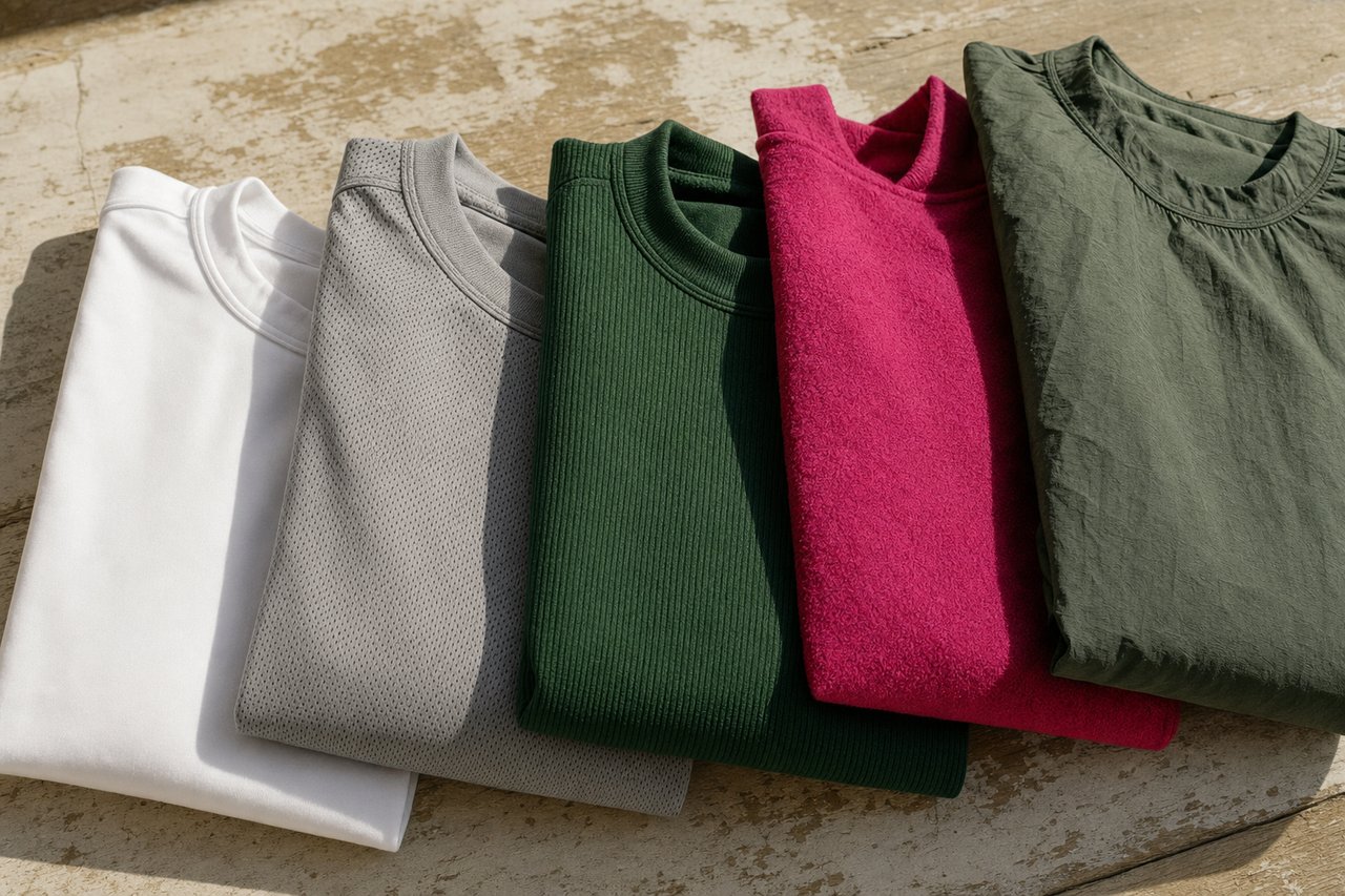 Fünf gefaltete Trikots übereinander, jedes aus einem anderen Funktionsgewebe: Interlock, Mesh, Rippstrick, Fleece und leichtes Gewebe