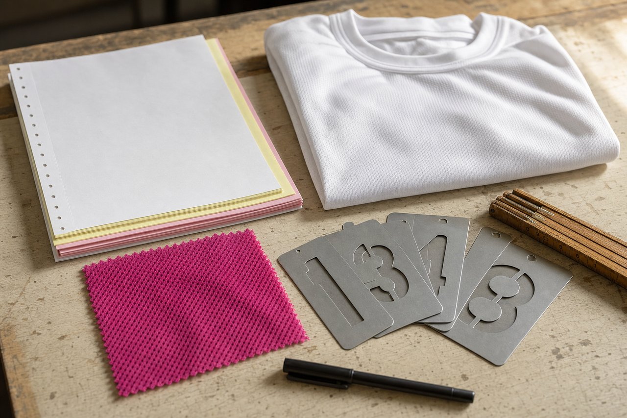 Bestellunterlagen mit weißem, kanariengelbem und rosa Durchschlag, ein gefaltetes Trikot, eine magentafarbene Stoffmusterkarte und Ziffernschablonen auf einem Werktisch