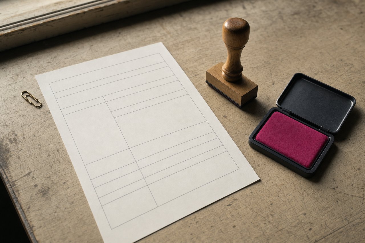 Stempel mit Holzgriff neben einem geöffneten Stempelkissen mit magentafarbener Farbe, daneben ein leerer Formularbogen mit unbeschriebenen Kästchen