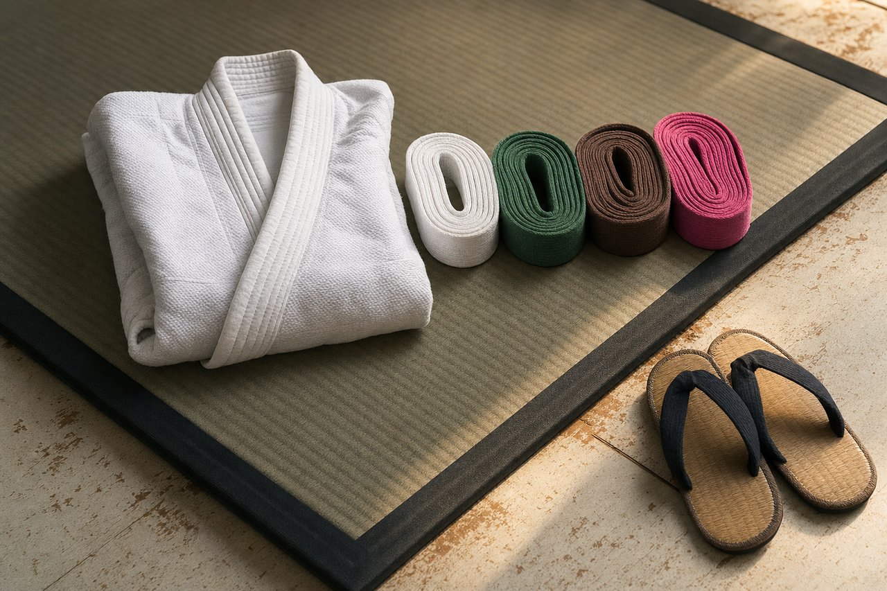 Zusammengelegte Judojacke aus schwerer Baumwolle auf einer Tatami-Ecke, daneben vier aufgerollte Gürtel in Weiß, Grün, Braun und Magenta