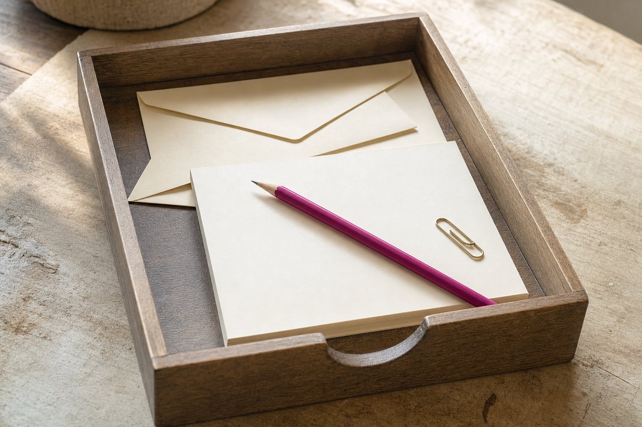 Hölzerner Ablagekorb mit einem unbeschrifteten Umschlag und einem leeren Blatt Papier darüber, darauf ein magentafarbener Bleistift und eine Büroklammer
