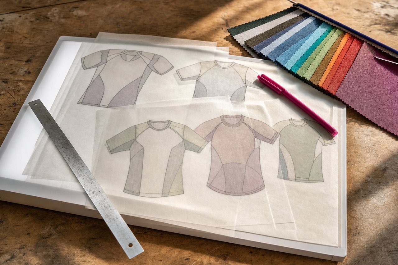 Übereinandergelegte Trikot-Umrisse auf Transparentpapier über einem Leuchttisch, daneben ein Stahllineal, ein magentafarbener Stift und ein aufgefächertes Farbmusterheft