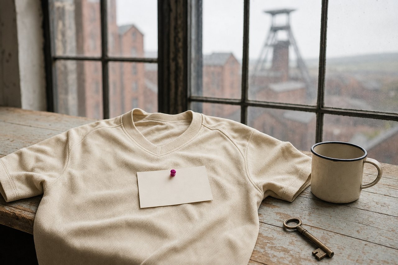 Cremefarbenes Sporttrikot mit einer leeren hellen Karte auf der Brustfläche, dahinter unscharf ein Industriefenster mit Backsteingebäuden und Förderturm