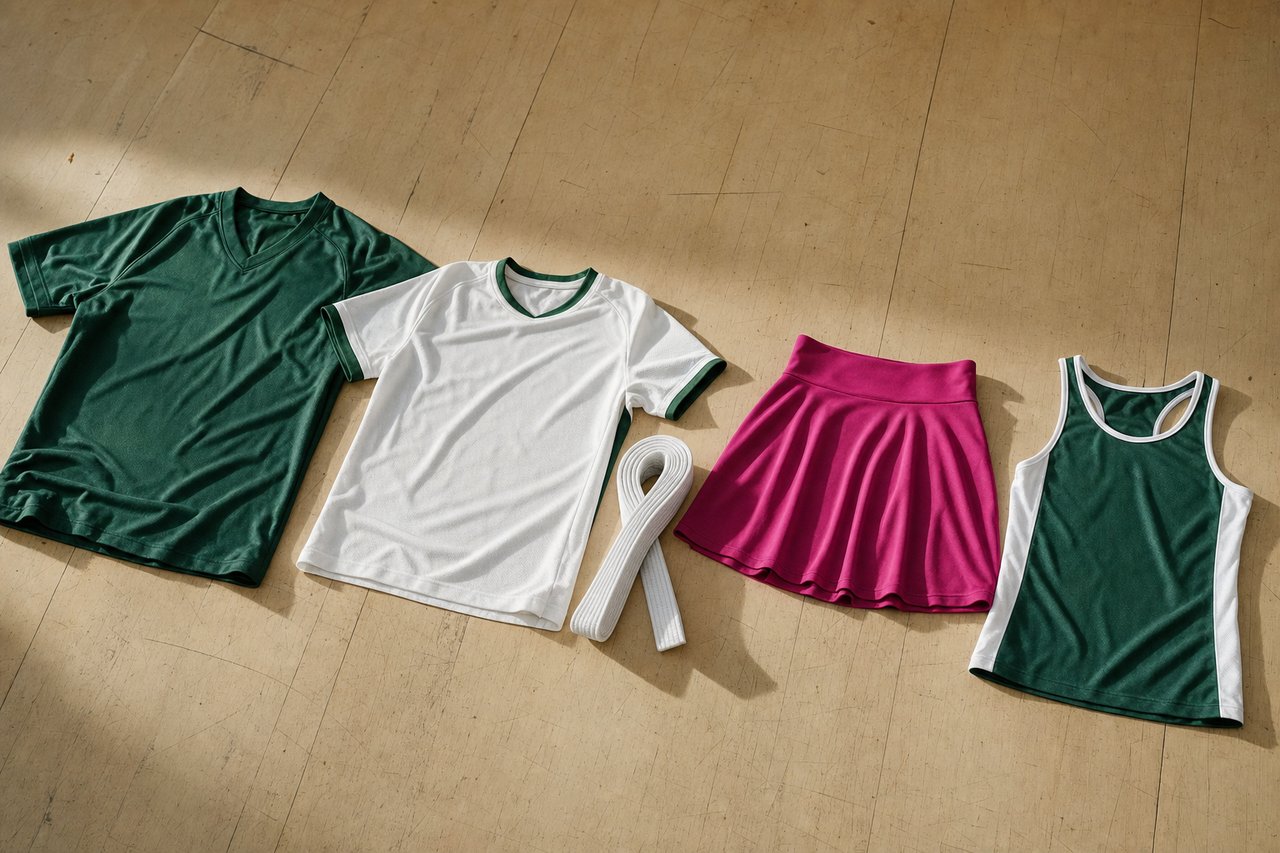 Ausrüstung mehrerer Sportarten in einer Reihe auf einem Hallenboden: Fußballtrikot, Handballtrikot, Judogürtel, Tennisrock und Leichtathletik-Singlet