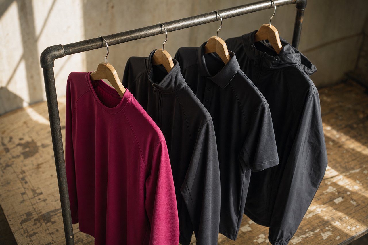 Kurze Kleiderstange mit aufeinander abgestimmter Teamwear auf Holzbügeln: Trainingsoberteil, Jacke, Polo und Regenjacke, vorne ein magentafarbenes Oberteil