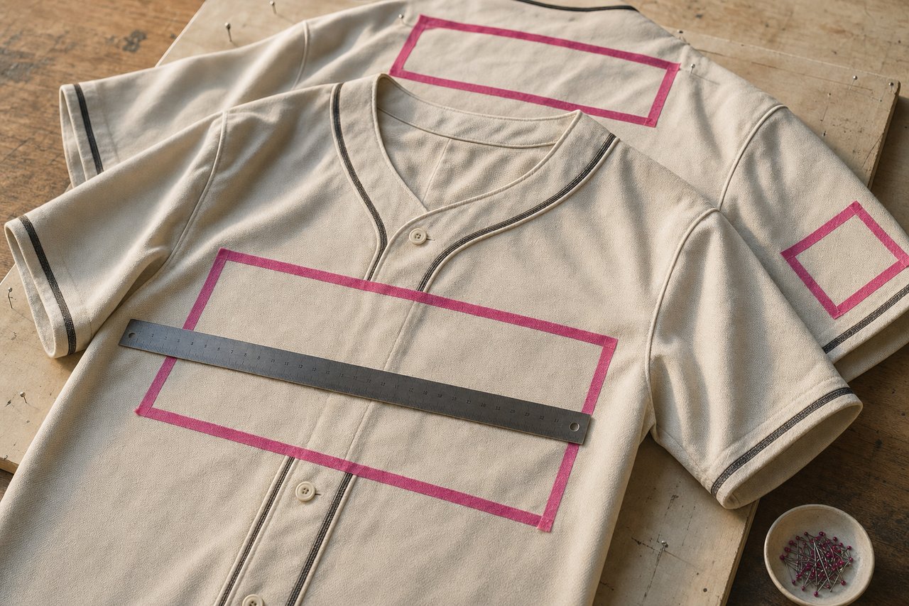 Flach aufgestecktes Trikot mit leeren Werbeflächen, die mit magentafarbenem Klebeband auf Brust, Rücken und Ärmel abgesteckt sind, dazu ein Stahllineal