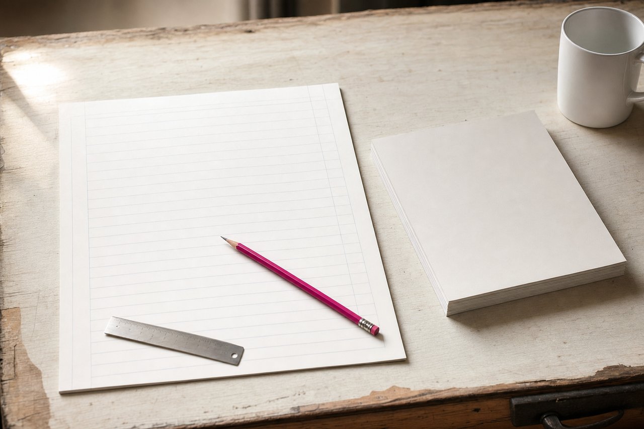 Korrekturplatz mit einem leeren linierten Fahnenabzug, einem magentafarbenen Korrekturstift quer darüber, einem Stahllineal und einem Stapel unbeschriebener Blätter