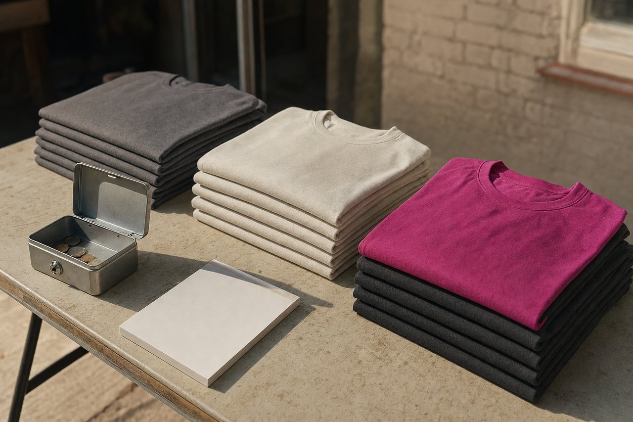 Klapptisch als kleiner Vereinsverkauf: drei Stapel zusammengelegter Shirts nach Größe, eine offene Geldkassette und ein leerer Bestellblock