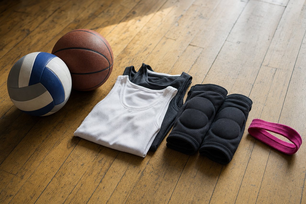 Ein Volleyball und ein Basketball nebeneinander auf poliertem Hallenboden, dazu zwei zusammengelegte ärmellose Trikots, Knieschoner und ein magentafarbenes Stirnband