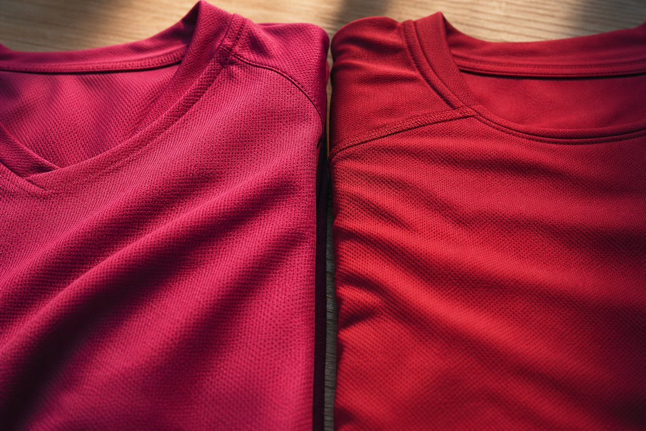 Zwei gefaltete Sporttrikots Kante an Kante zum Vergleich, eines in Magenta und eines in tiefem Rot