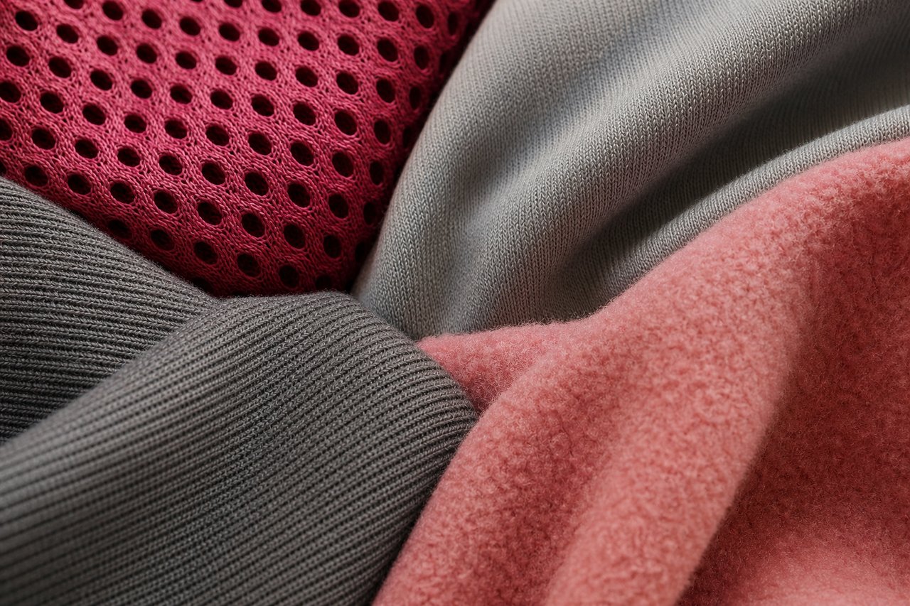 Makroaufnahme von vier Funktionsgeweben direkt aneinander: offenes Mesh, glattes Interlock, Rippstrick und angerauter Fleece