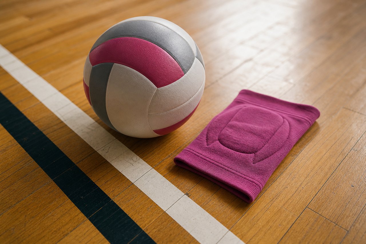 Nahaufnahme eines polierten Hallenbodens mit sich schräg kreuzenden Linienmarkierungen, im Winkel liegt ein Volleyball, daneben flach ein magentafarbener Knieschoner