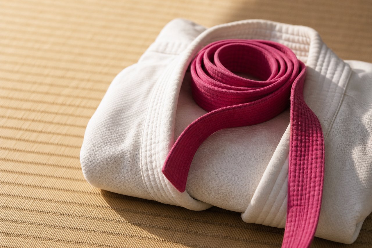 Gefaltete schwere Baumwolljacke eines Kampfsportanzugs mit aufgerolltem farbigem Gürtel darauf, auf einer Tatami-Matte