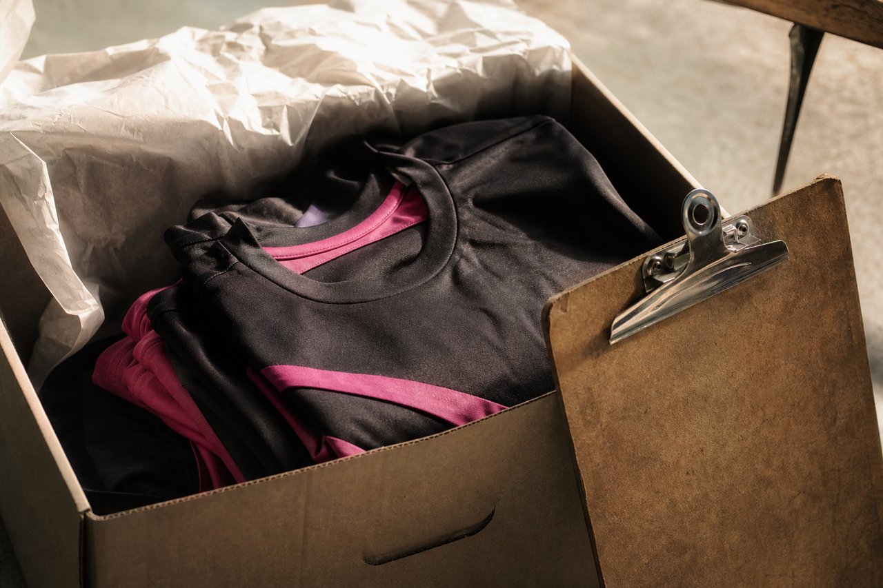 Halb gepackte Kartonkiste mit gefalteter Mannschaftsausstattung, Seidenpapier zurückgeschlagen, ein Klemmbrett an der Seite