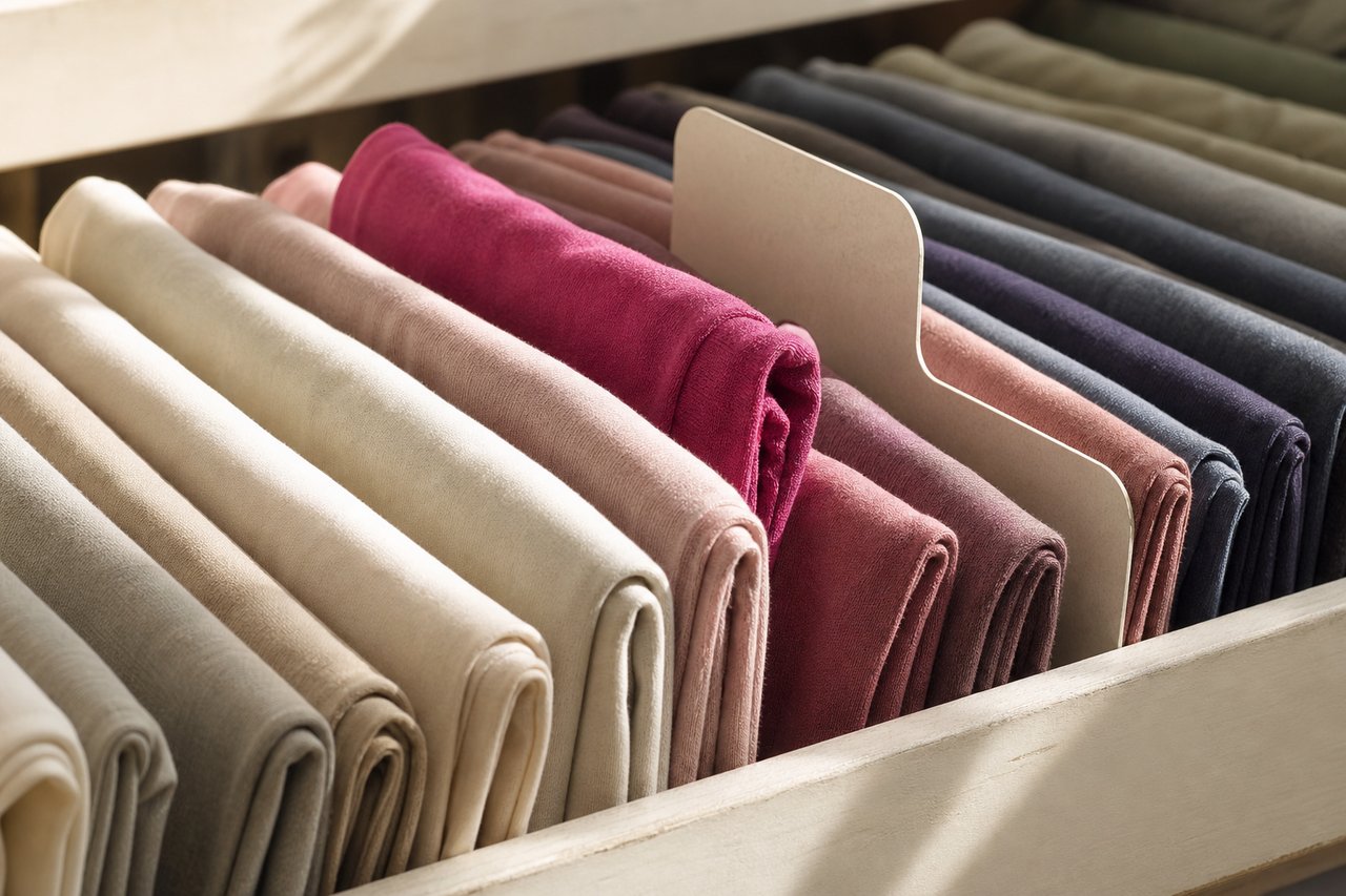 Nahaufnahme in eine flache Sortierwanne mit hochkant einsortierten zusammengelegten Shirts, dazwischen ein handgeschnittener Kartontrenner, ein magentafarbenes steht heraus