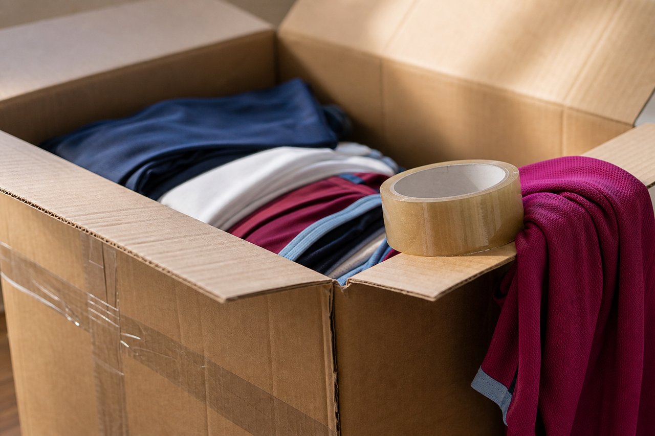 Nahaufnahme eines halb gepackten Kartons mit zusammengelegten Trikots, die Laschen offen, auf dem Rand eine Rolle Packband, über die Kante hängt ein magentafarbener Ärmel