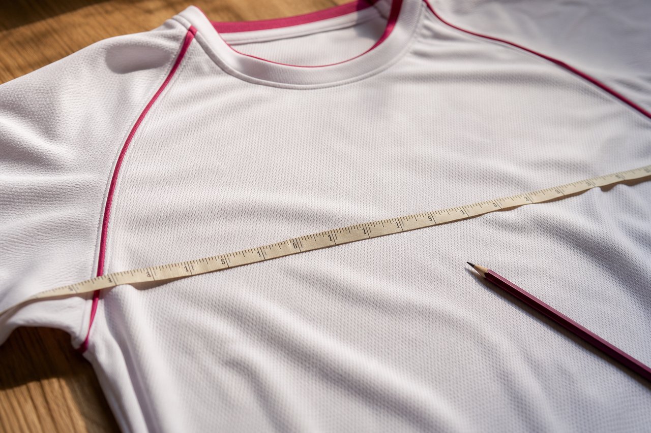 Maßband über die Brust eines flach liegenden weißen Sporttrikots gespannt, daneben ein Bleistift