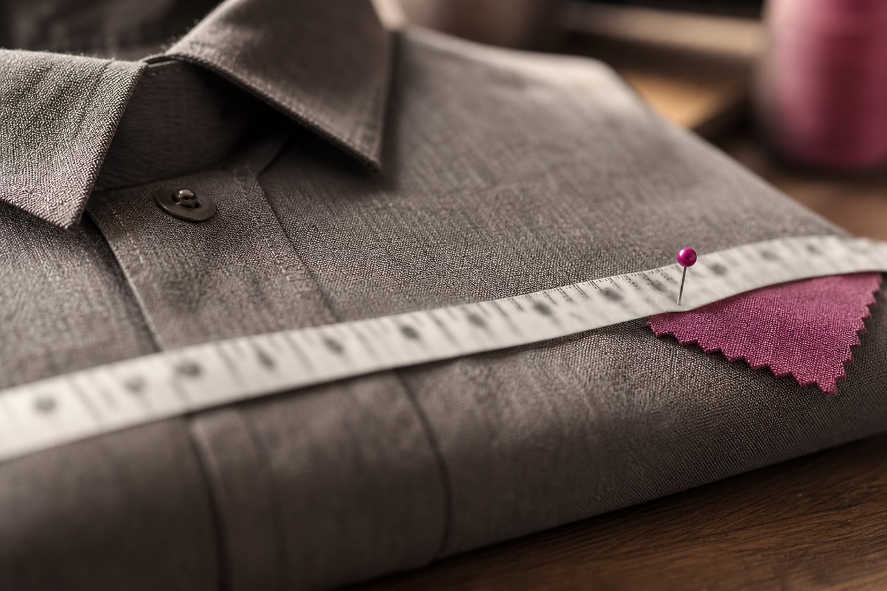 Nahaufnahme eines straff über die Brust eines zusammengelegten Shirts gezogenen Maßbands, von einer Stecknadel gehalten, unter der Ecke eine magentafarbene Musterkarte