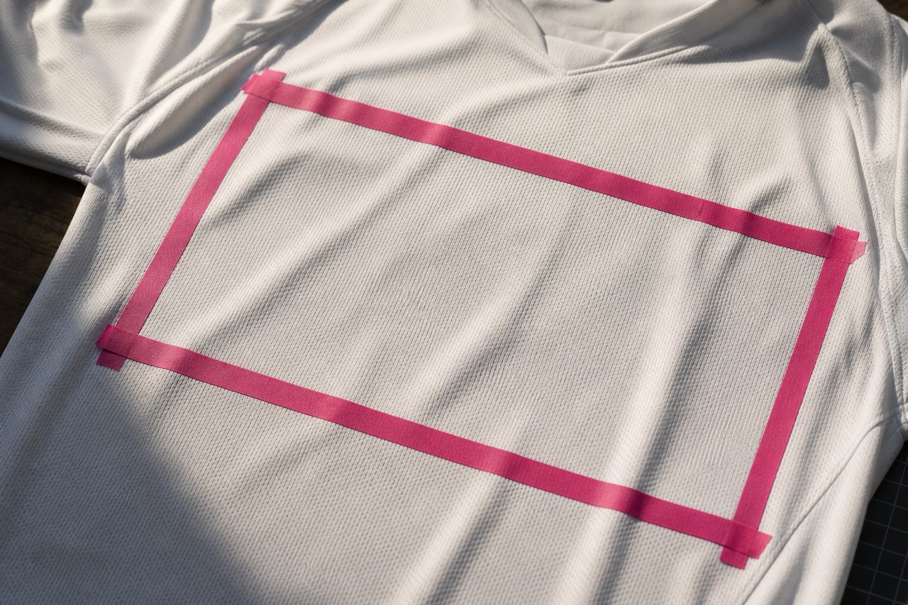 Brustfläche eines weißen Sporttrikots, auf der ein magentafarbener Klebestreifen die künftige Sponsorfläche markiert
