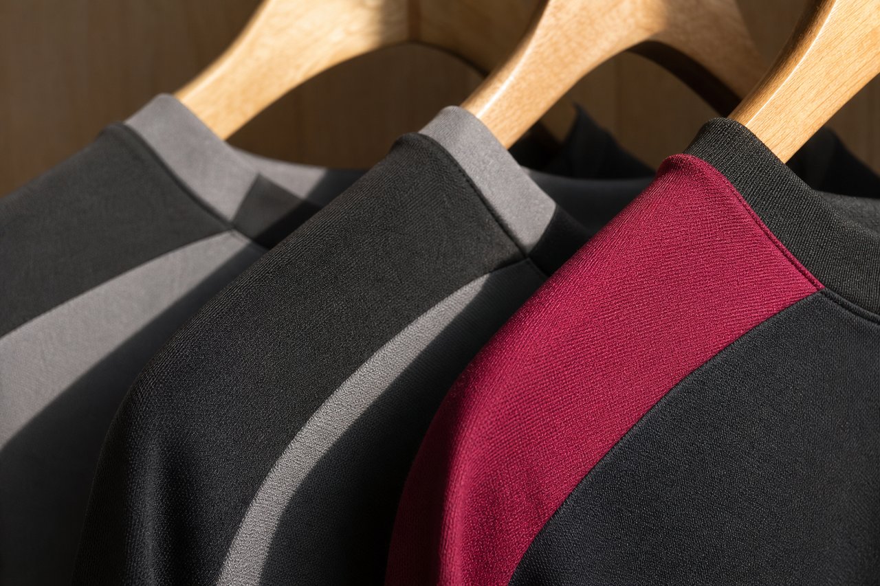 Nahaufnahme aufeinander abgestimmter Teamwear auf Holzbügeln von den Schultern abwärts, drei Teile derselben Farbstellung überlappend, vorne eine magentafarbene Schulter