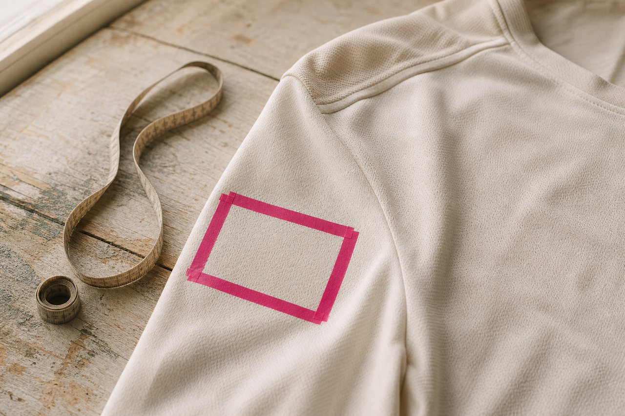 Ärmel eines cremefarbenen Sporttrikots, auf dem ein magentafarbener Klebestreifen eine kleine Werbefläche markiert